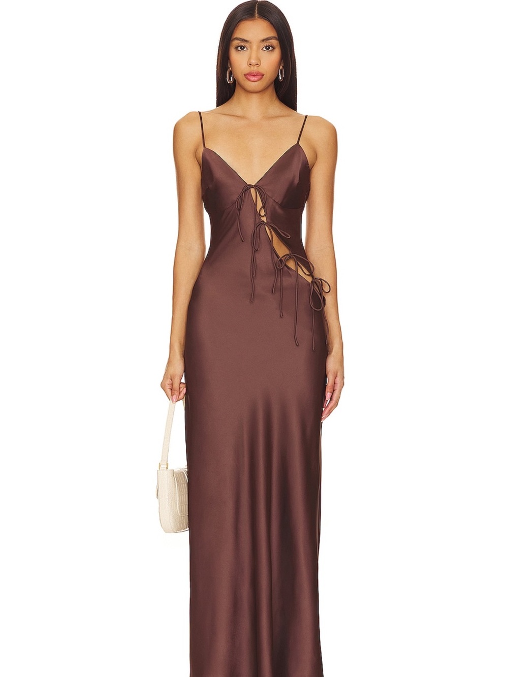 Lioness Brown Satin Slip Maxi Dress with Front Tie Details